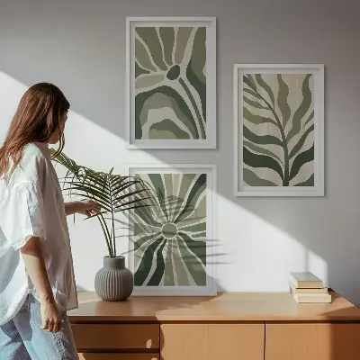 Juego de 3 cuadros con patrones de plantas en tonos verdes y beige