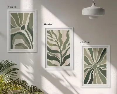 Juego de 3 cuadros con patrones de plantas en tonos verdes y beige
