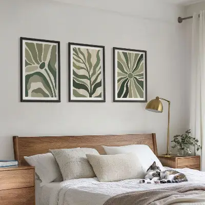 Juego de 3 cuadros con patrones de plantas en tonos verdes y beige