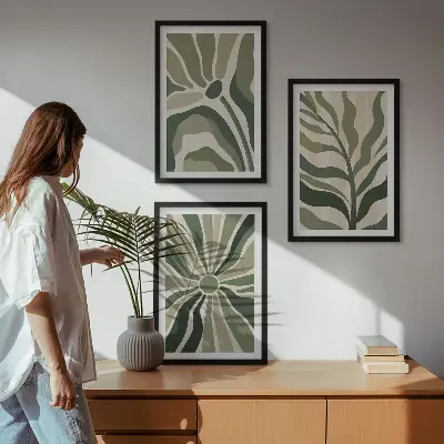 Juego de 3 cuadros con patrones de plantas en tonos verdes y beige