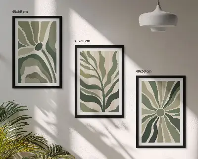 Juego de 3 cuadros con patrones de plantas en tonos verdes y beige