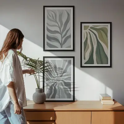 Juego de 3 cuadros con patrones de plantas en verde