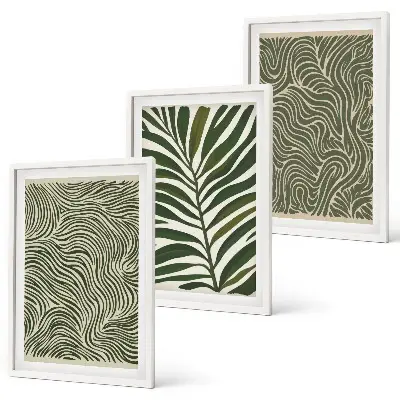 Set de 3 cuadros para salón con patrones de hojas y formas onduladas