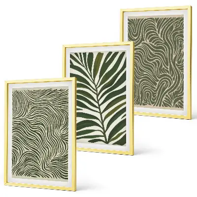Set de 3 cuadros para salón con patrones de hojas y formas onduladas
