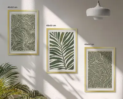Set de 3 cuadros para salón con patrones de hojas y formas onduladas