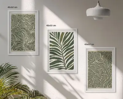 Set de 3 cuadros para salón con patrones de hojas y formas onduladas