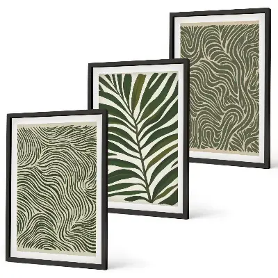 Set de 3 cuadros para salón con patrones de hojas y formas onduladas