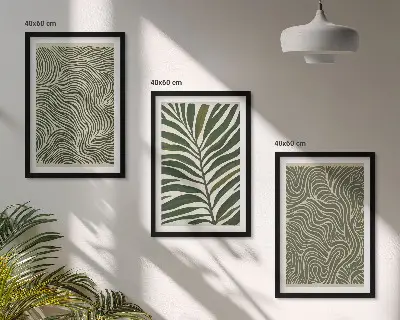 Set de 3 cuadros para salón con patrones de hojas y formas onduladas