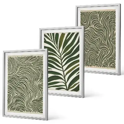 Set de 3 cuadros para salón con patrones de hojas y formas onduladas