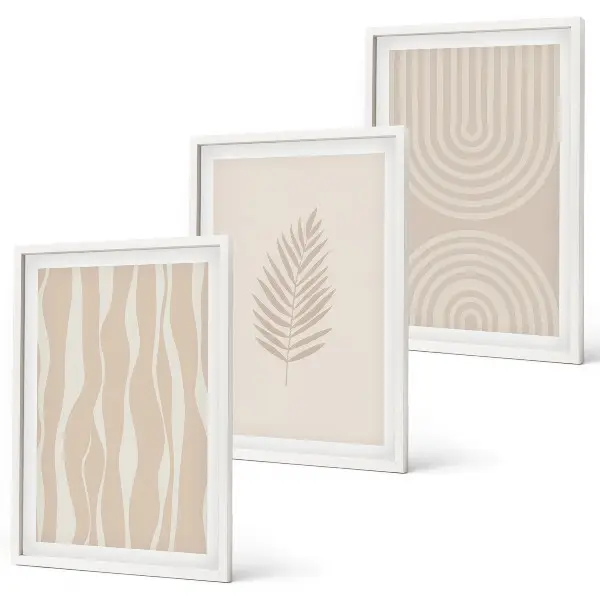Set de 3 cuadros para salón con diseño de patrones de plantas en beige