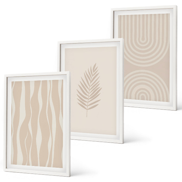 Set de 3 cuadros para salón patrones de plantas beige