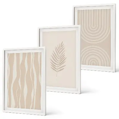 Set de 3 cuadros para salón con diseño de patrones de plantas en beige
