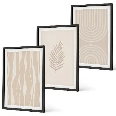 Set de 3 cuadros para salón con diseño de patrones de plantas en beige