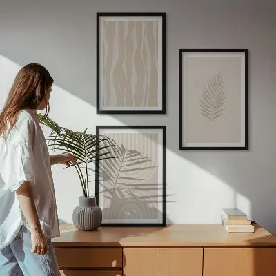 Set de 3 cuadros para salón con diseño de patrones de plantas en beige