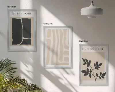 Set de 3 cuadros para salón con diseño de formas abstractas de plantas