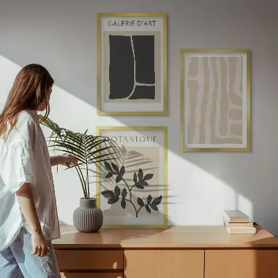 Set de 3 cuadros para salón con diseño de formas abstractas de plantas