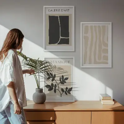 Set de 3 cuadros para salón con diseño de formas abstractas de plantas