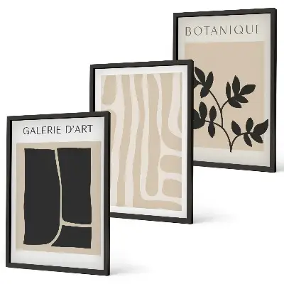 Set de 3 cuadros para salón con diseño de formas abstractas de plantas