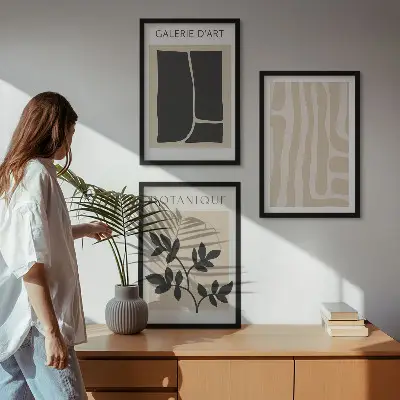 Set de 3 cuadros para salón con diseño de formas abstractas de plantas