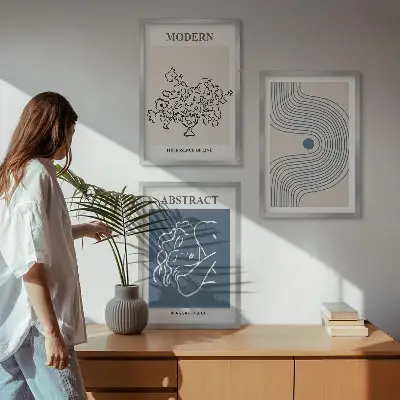 Set de 3 cuadros para salón con diseño de carteles abstractos de flores y líneas