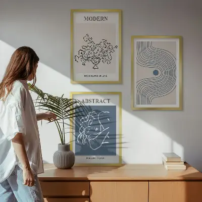 Set de 3 cuadros para salón con diseño de carteles abstractos de flores y líneas