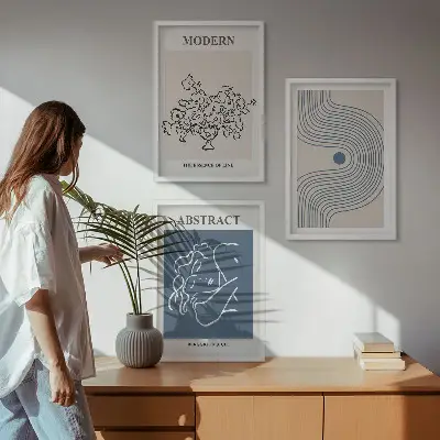 Set de 3 cuadros para salón con diseño de carteles abstractos de flores y líneas