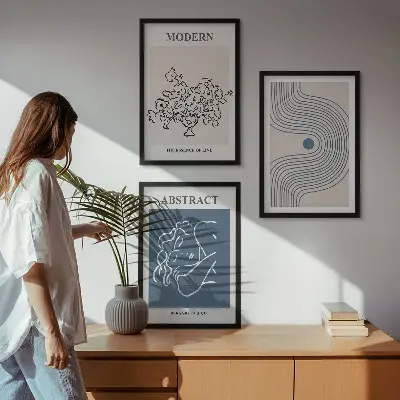 Set de 3 cuadros para salón con diseño de carteles abstractos de flores y líneas