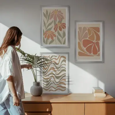 Set de 3 cuadros para salón con diseño de flores abstractas en tonos pastel
