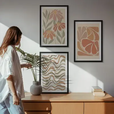 Set de 3 cuadros para salón con diseño de flores abstractas en tonos pastel
