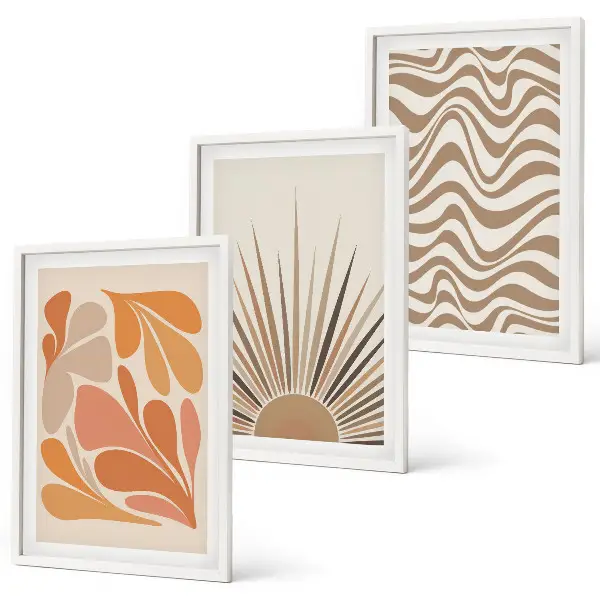 Juego de 3 cuadros con diseño bohemio de formas solares en tonos pastel