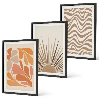 Juego de 3 cuadros con diseño bohemio de formas solares en tonos pastel