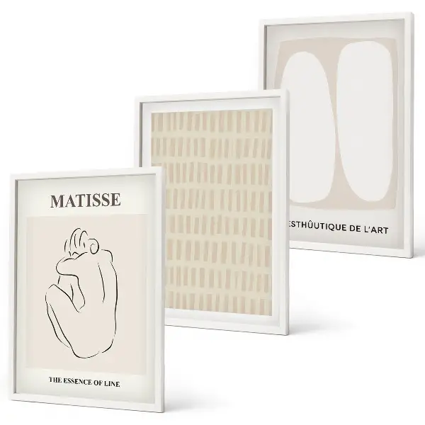 Juego de 3 cuadros con diseño de líneas y formas en tonos beige y blanco