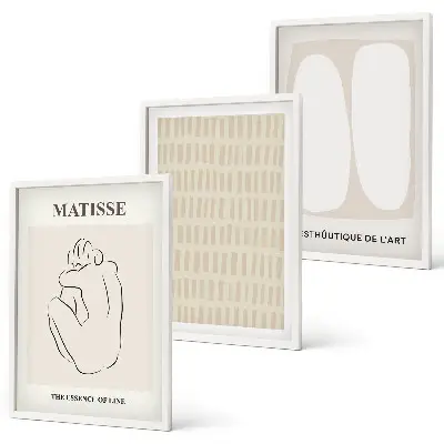 Juego de 3 cuadros con diseño de líneas y formas en tonos beige y blanco