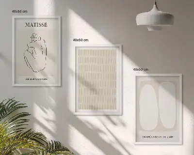 Juego de 3 cuadros con diseño de líneas y formas en tonos beige y blanco