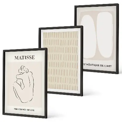 Juego de 3 cuadros con diseño de líneas y formas en tonos beige y blanco