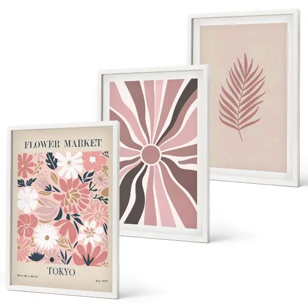 Juego de 3 cuadros con patrones de hojas florales y geométricas