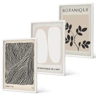 Juego de 3 cuadros con diseño de patrones y líneas de plantas