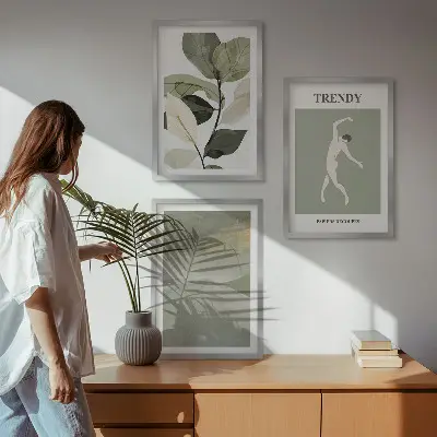 Set de 3 cuadros para salón con patrones abstractos de siluetas de plantas