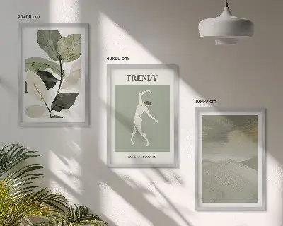 Set de 3 cuadros para salón con patrones abstractos de siluetas de plantas