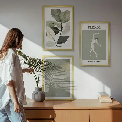 Set de 3 cuadros para salón con patrones abstractos de siluetas de plantas