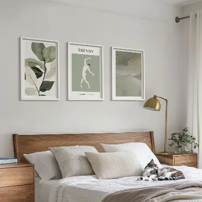 Set de 3 cuadros para salón con patrones abstractos de siluetas de plantas