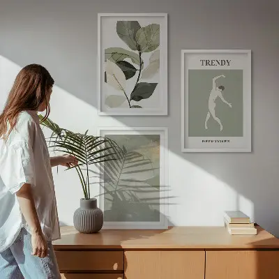 Set de 3 cuadros para salón con patrones abstractos de siluetas de plantas