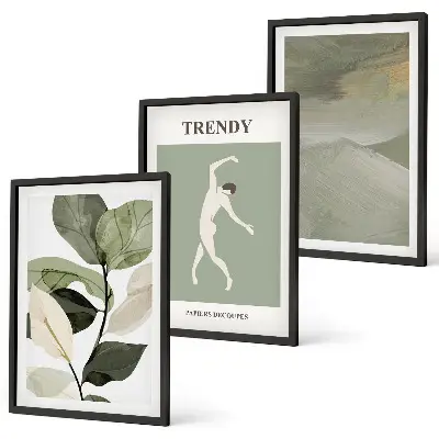 Set de 3 cuadros para salón con patrones abstractos de siluetas de plantas