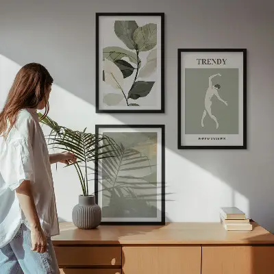 Set de 3 cuadros para salón con patrones abstractos de siluetas de plantas