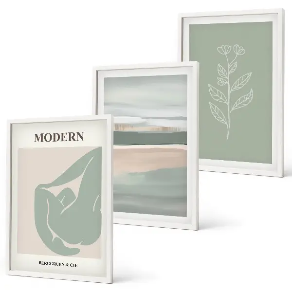 Set de 3 cuadros para salón con formas abstractas de plantas en tonos pastel