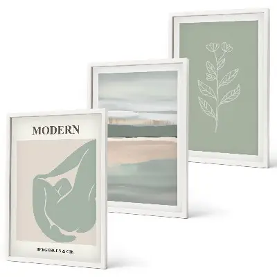 Set de 3 cuadros para salón con formas abstractas de plantas en tonos pastel