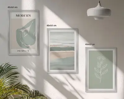 Set de 3 cuadros para salón con formas abstractas de plantas en tonos pastel