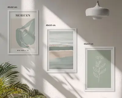 Set de 3 cuadros para salón con formas abstractas de plantas en tonos pastel