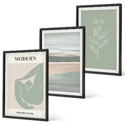 Set de 3 cuadros para salón con formas abstractas de plantas en tonos pastel