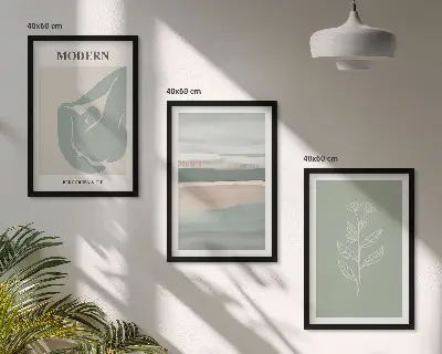 Set de 3 cuadros para salón con formas abstractas de plantas en tonos pastel